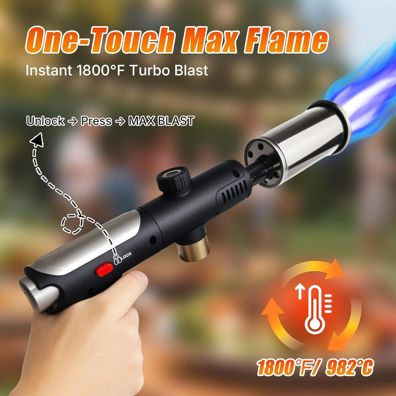 Powerful Propane Torch Gun, One-Touch Max Fire, Charcoal Torch Lighter with Adjustable Flame&Safety Lock, Kitchen Blow Torch for Cooking, BBQ, Searing Steak, Grill (Tank Not Included)