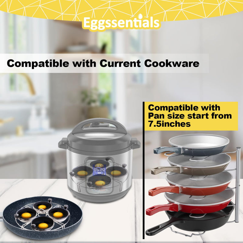 Eggssentials Egg Poacher Insert Stainless Steel Poached Egg Cooker Eggs Poaching Cup PFOA Free Egg Poachers Nonstick, 7.25" Rack Compatible with Current Cookware, Skillets & Instant Pots 4 Cup Egg Poacher