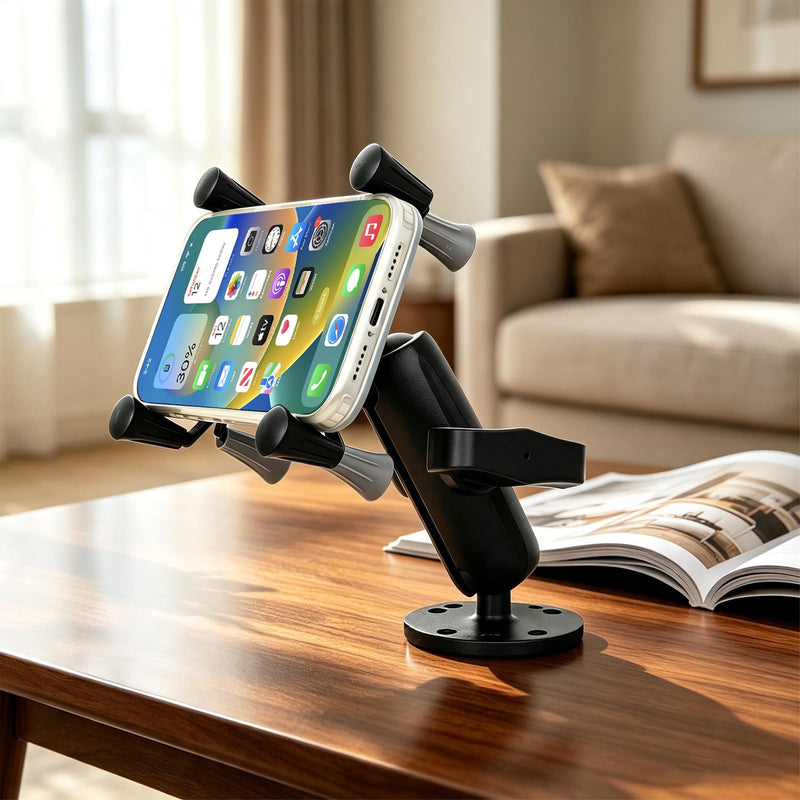 Strg Phone Mount with Drill-Down Round Base for 1.41-4.25" Phones | Phone Holder with Aluminum Alloy Double Socket Arm and 1" Ball Mount for Car Motorcycle Bike Truck Kayak Boat Phone Mount