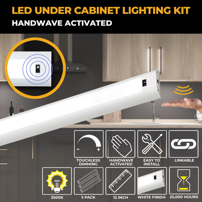LED Hand Wave Motion Sensor Under Cabinet Lighting Plug In Kit - Dimmable Under Counter Lights for Kitchen - White Finish - 12 Inch (3Pack) - 12v LED Light Bar - Soft Neutral 3500K - Touchless Dimming 12 Inch (3 Pack)