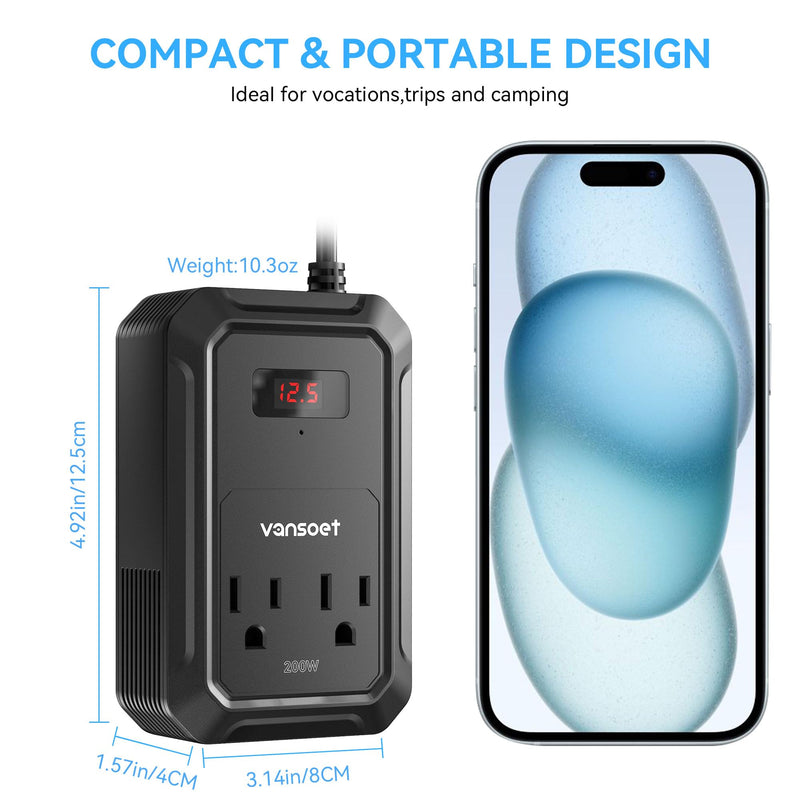 200W Car Power Inverter DC 12V to 110V AC Inverter with PD 65W/30W USB C & 2 QC 18W USB Ports & 2 AC Outlets,Car Pluɡ Adapter Outlet for Laptop/Phone/Road Trip Black