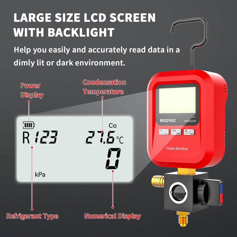 Digital Single Manifold Gauge, HVAC Refrigerants Digital AC Gauges Pressure Gauge for R22/R32/R410A/R134A/1234YF 24+ Refrigerants Recharge
