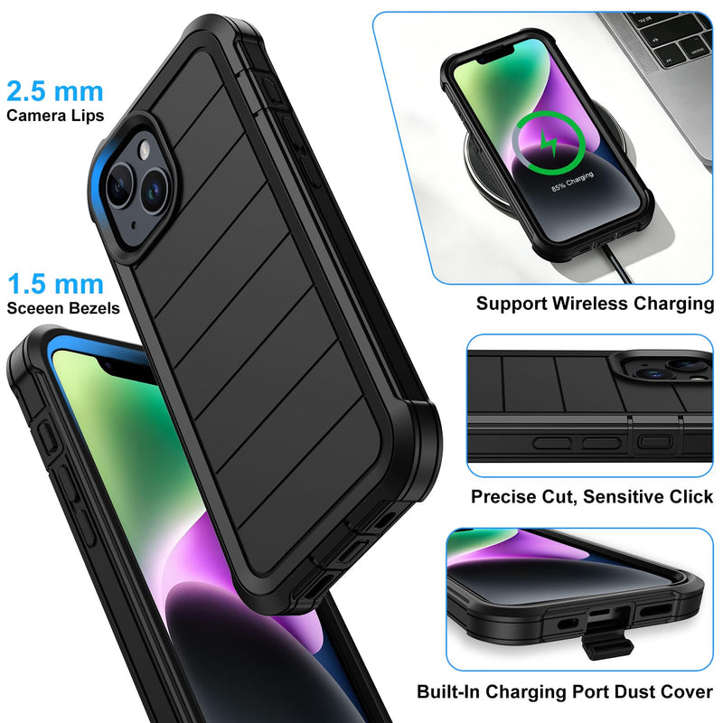 for iPhone 14 Case/iPhone 13 Case with Belt Clip Holster Screen Protectors, Heavy Duty Military Grade Shockproof Protection Rugged Anti-Drop Kickstand Phone Cover for Apple 14/13 (Black) Black