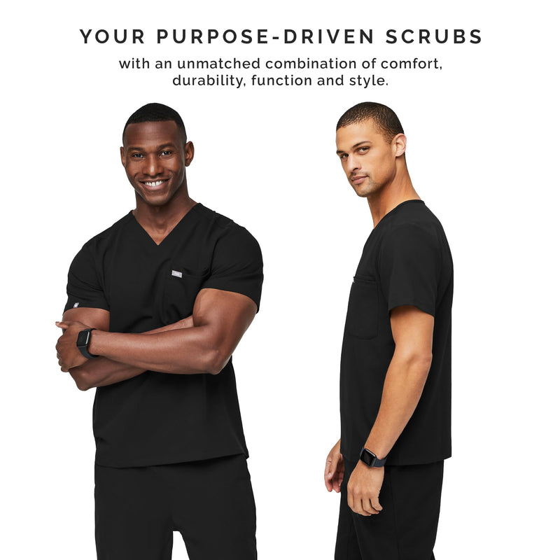 FIGS Leon Scrub Top for Men – 3 Pockets, Tailored Fit, Modern V-Neck, 4-Way Stretch, Moisture-Wicking Medium Black