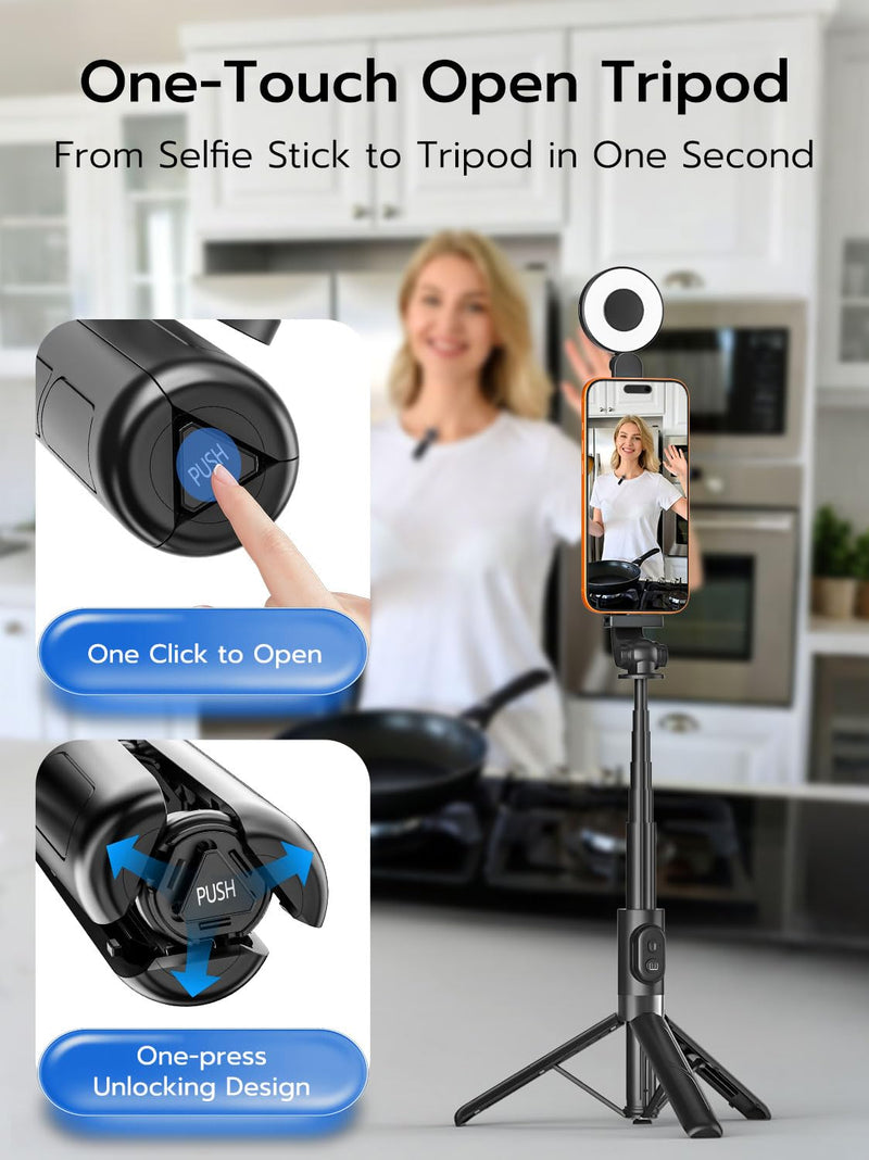 USKEYVISION Vlogging Kit, Content Creator Essentials w/Light & Lavalier Mic | Magnetic Selfie Stick Tripod for iPhone with Light, Vlogging Microphone for Content Creators, Youtube Recording(SPT-02Combol) Black
