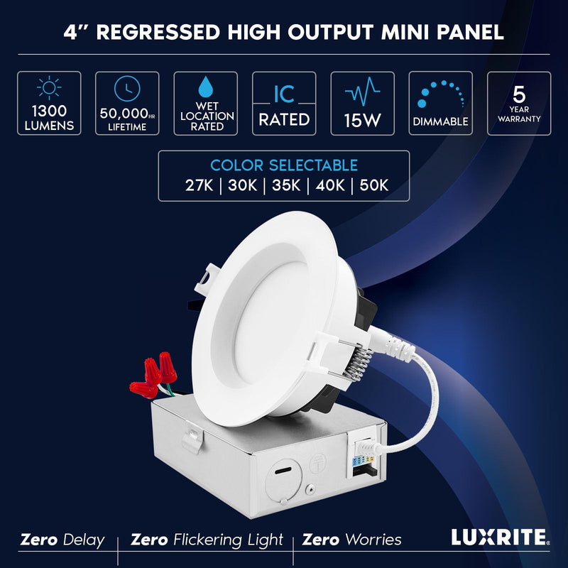 LUXRITE 4 Inch LED Recessed Ceiling Light with Junction Box, 15W, 5CCT Selectable 2700K/3000K/3500K/4000K/5000K, 1300LM High Brightness, Dimmable Canless Downlight, Wet Rated, IC Rated, ETL Listed