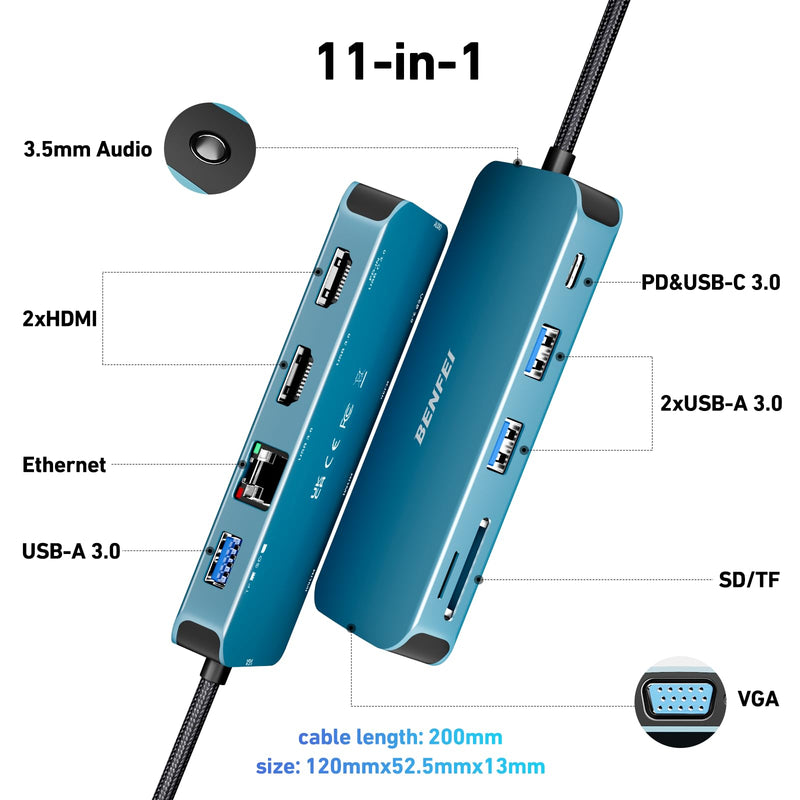 BENFEI 11-in-1 USB C Hub Triple Display Docking Station Dual HDMI, VGA, 3*USB 3.0, 1Gbps Ethernet, 100W Power Delivery, SD/TF Card Reader, 3.5mm AUX Audio Compatible with MacBook XPS Surface Blue
