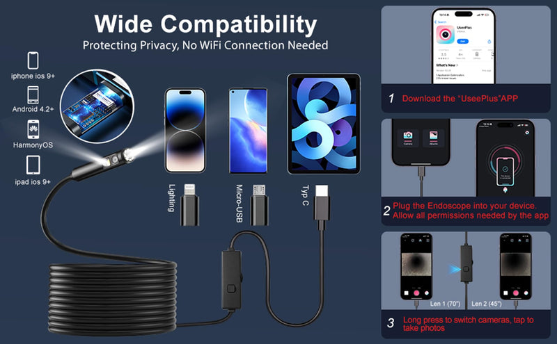 Dual-Lens Endoscope Camera with Light, POLEDY 1920P HD Borescope, 8 Adjustable LED Light, IP67 Waterproof, 16.4ft Snake Camera, Semi-Rigid Cable Inspection for Android, iOS Dual Lens