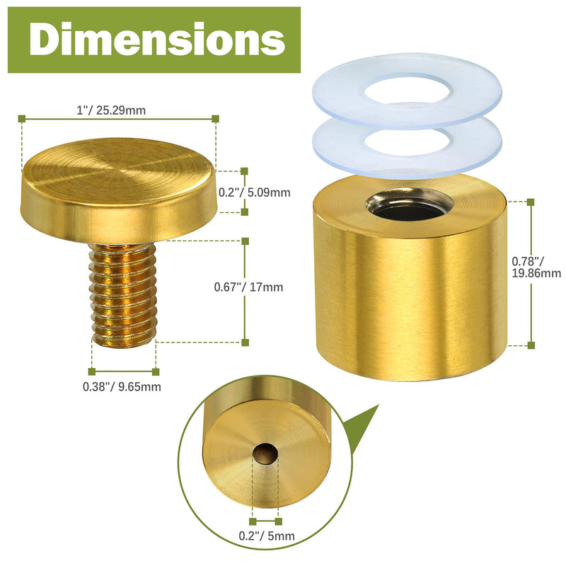 25 x 25mm (Dia. x L) Standoff Screws - Masendelk Gold Sign Standoff Mounts with Installation Accessories - Stainless Steel Wall Mount Hardware for Acrylic, Glass, Metal, Wood Panels - 24 Pieces 25 x 25mm / 0.98" x 0.98"