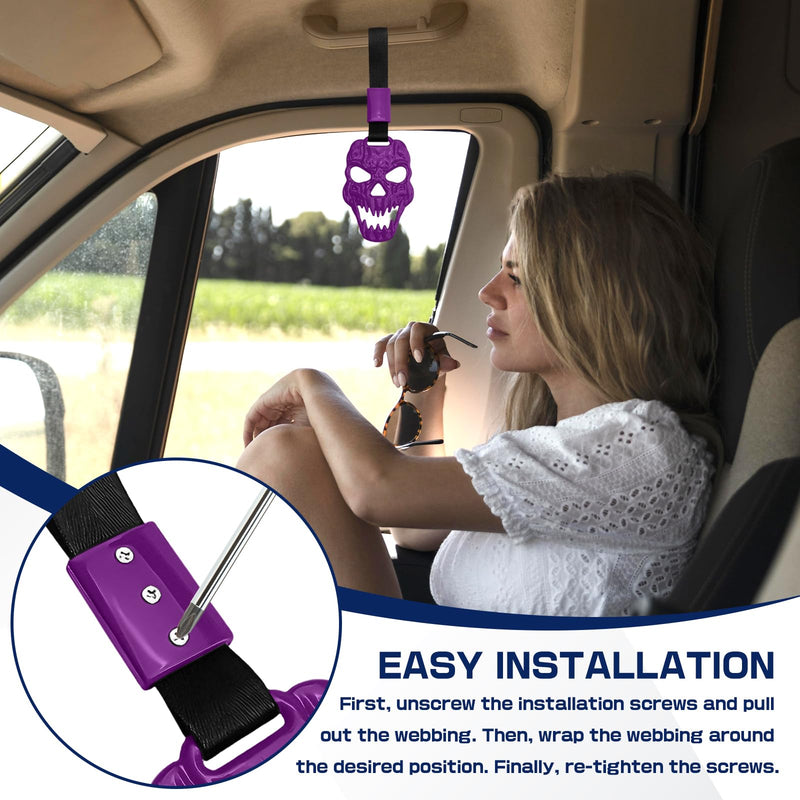 2PCS Skull Car Handle Strap, Horror Skeleton Handle Ring for Cars, Spooky Skull Auto Hanging Charm, Warning Ring (Purple) Purple
