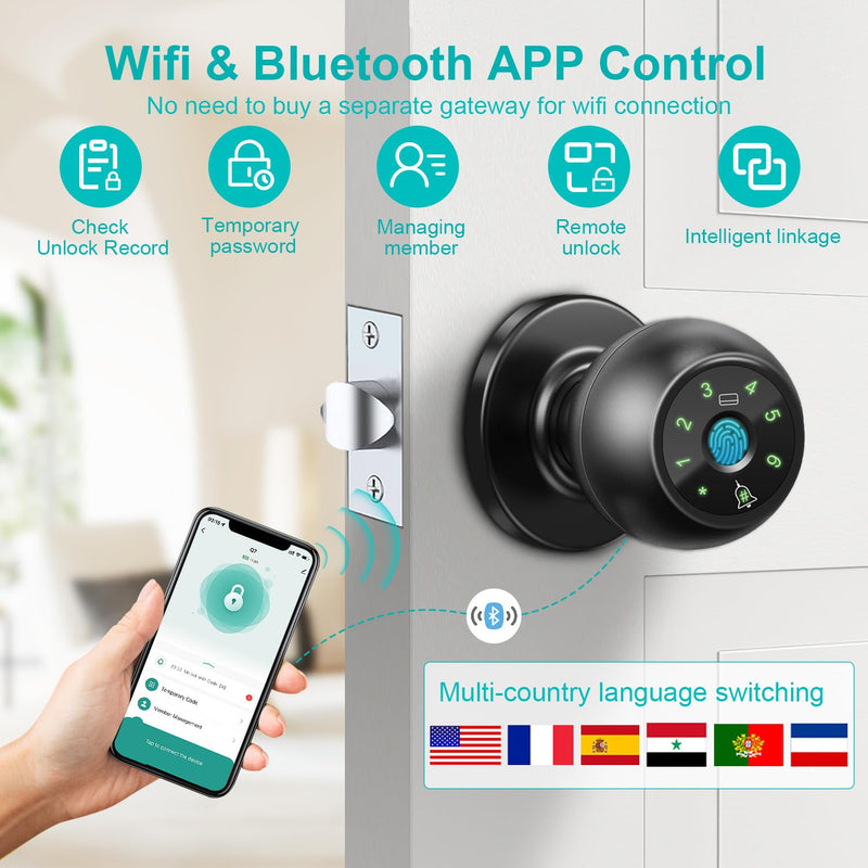 Kuelor Smart Lock Fingerprint Door Lock, 5-in-1 Keyless Entry Door Handle with Keypad & Doorbell, Touch/Code/Card/Key/App Control for Home Office Airbnb A-Black
