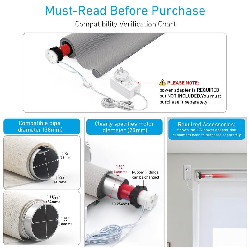 Rollerhouse DC12V EY2512 Shade Motor Electric Blind Motor Remote Control Wired Compatible with 38mm Shade Tube DIY Electric Roller Blinds/Shades
