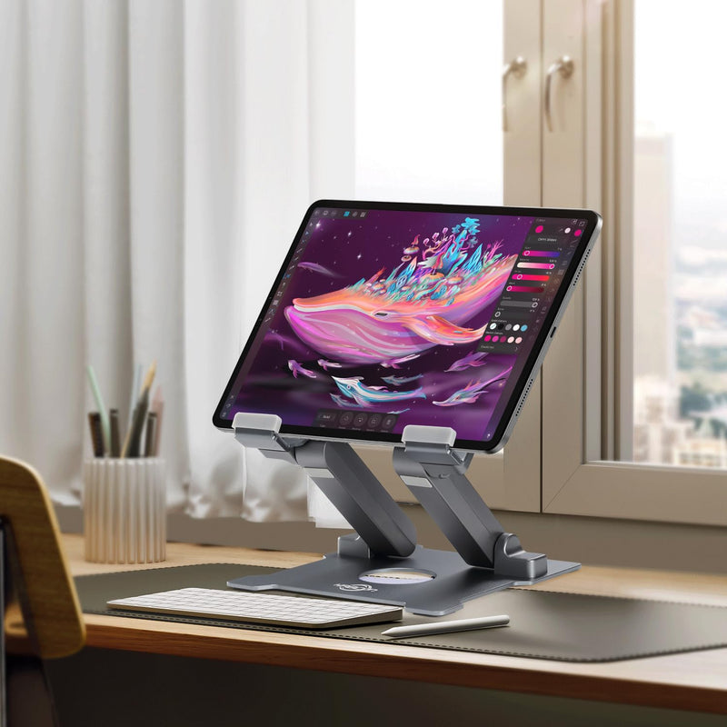 KABCON Adjustable Aluminum Tablet Stand (7-13.5 inch), Compatible with iPad, Surface Pro, FIRD HD 10, Samsung Galaxy Tab E, ASUS Transformer & Other Devices Large-Grey