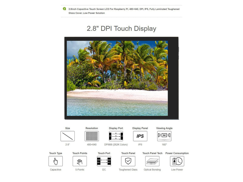 Waveshare 2.8inch Screen LCD Compatible with Raspberry Pi 4B/3B+/3B/2B/B+/A+/Zero/Zero W/WH/Zero 2W 480×640 Resolution DPI IPS 5-Points Capacitive Touch Control Optical Bonding Toughened Glass Cover