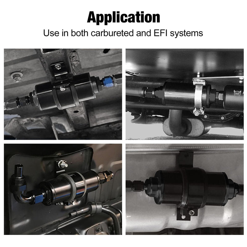 EVIL ENERGY Inline Fuel Filter 10 Micron with Barb 1/2", 3/8", 5/16" Fitting Adapter, Bracket Clamp 50MM Universal Aluminum Black for Gasoline, Diesel, Rubber Fuel Line