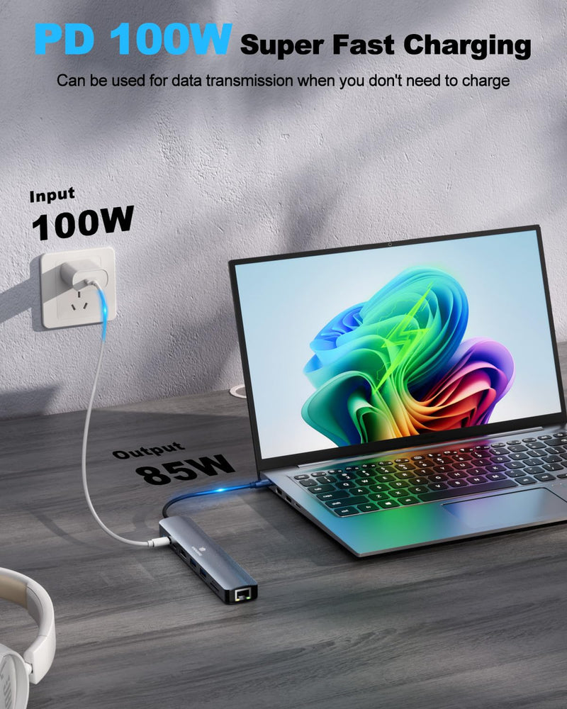 Laptop USB C Hub, 8-in-1 Docking Station, 1000Mbps Ethernet, HDMI 4K60Hz, 2 USB 3.0 + 2 USB-C Ports Adapter, PD 100W MAX Charging(Data), SD/TF Card Reader for MacBook Pro/Dell XPS/HP/Lenovo etc 8-in-1 1000M