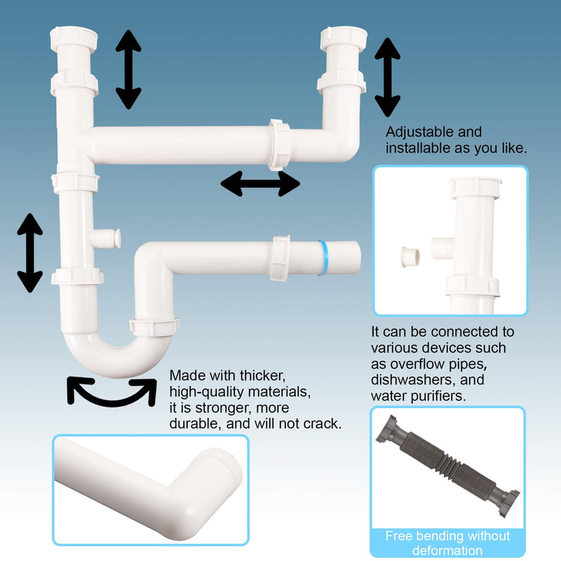 Universal 1-1/2" Kitchen Sink Drain Kit, Space-Saving kitchen drain P-trap With retractable flexible Pipe Completed Sink Pipe Replacement Kit (DIY Installation) Double Sink Drain Kit White
