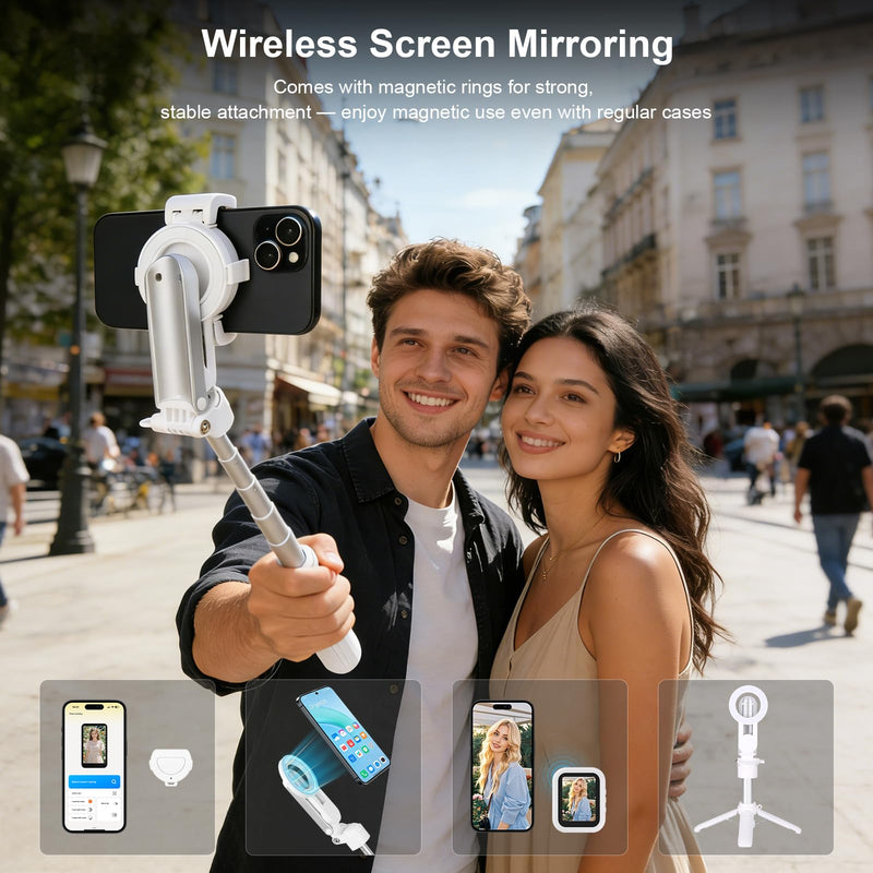 Magnetic Selfie Stick Tripod with Selfie Monitor, Aluminum Phone Holder, 360° Rotatable Stand, Wireless Remote, Portable Vlogging Kit for iPhone & Android