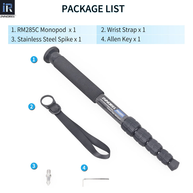 Carbon Fiber Camera Monopod INNOREL RM285C Professional Portable Compact Lightweight Travel 5-Section Monopod for Canon Nikon Sony DSLR Camera Video Camcorder DV Photography Bracket Load 22lbs/10kg 29.0mm max tube
