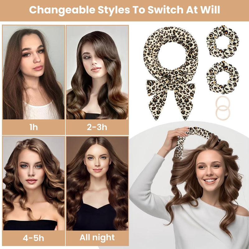 Heatless Curlers Headband, 5PCS No Heat Hair-Curlers and Rollers, Soft Sleep Overnight Hair-Curls Set, heatless Curling Gift Kit for Women Long and Short Wave hair (Leopard Print) 5PCS Leopard Print