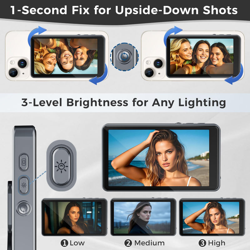 Vlog Selfie Monitor Screen iPhone, Back Camera Monitor iPhone, Gray | Wireless Magnetic Selfie Screen for Android with Bluetooth Remote 1800mAh 3-Level Brightness Wide Screen Mode for Live Stream GraySilver