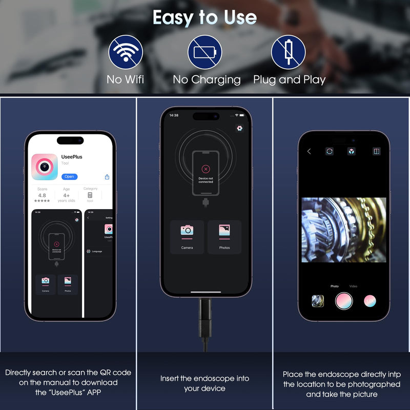 Endoscope Camera with Light – 1920P HD Borescope for iOS & Android (3.3ft) | 1920P HD, 8mm IP67 Waterproof Probe, 8 Adjustable LED Lights, Semi-Rigid 3.3ft Cable, Compatible with iOS & Android
