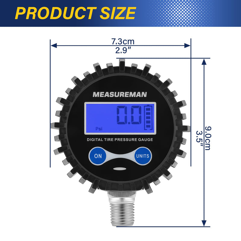 MEASUREMAN 2-1/2" Dial Size Digital Air Pressure Gauge with 1/4'' NPT Bottom Connector and Protective Boot, 0-250psi, Accuracy 1%, Battery Powered with LED Light (Pack of 2) Long thread (Pack of 2)