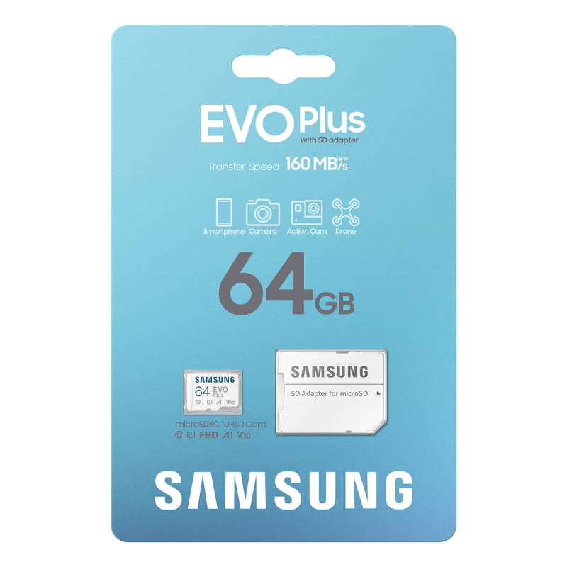 SAMSUNG EVO Plus microSD Memory Card + Adapter, 64GB microSDXC, Speeds Up to 160 MB/s, UHS-I, C10, U1, V10, A1, Upgrade Storage for Phones, Tablets, Gaming Consoles, DSLR Cameras, PCs, MB-MC64SA/AM 64 GB