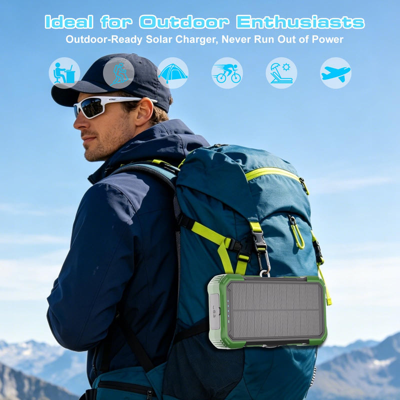 Solar Charger Power Bank 20000mAh, 22.5W Fast Charging Portable Charger with Built-in Cables, USB-C Battery Pack, Dual LED Flashlight, Compatible with iPhone & Android for Camping, Hiking, Emergency Green