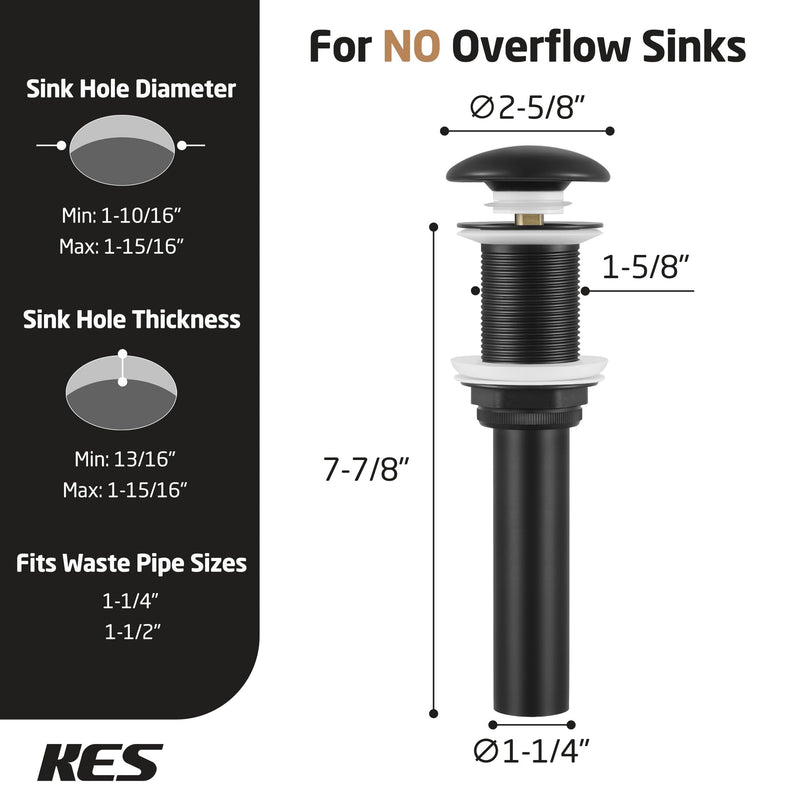 KES Solid Ceramic Cap Bathroom Sink Drain Without Overflow, Pop Up Drain for Bathroom Sink, Ceramic Bathroom Sink Stopper, All-Metal Body Matte Black, S2008D-CB for NO overflow sink