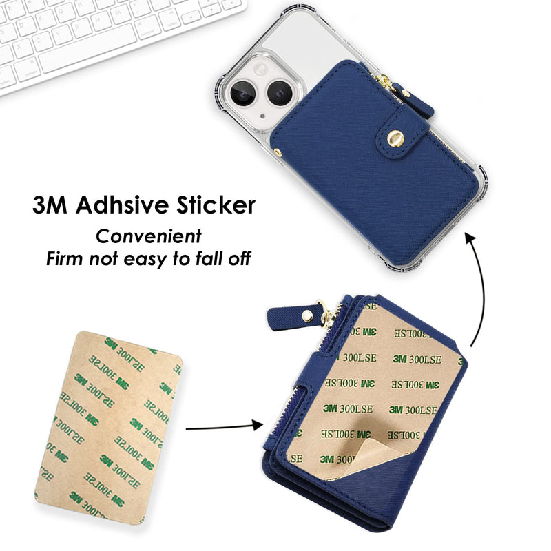 Phone Wallet Stick On,M-Plateau PU Leather Card Holder with Zipper Coin Pocket Compatible with iPhone and iPhone Case for Women with 3M Adhesive and Phone Lanyard Navy Blue