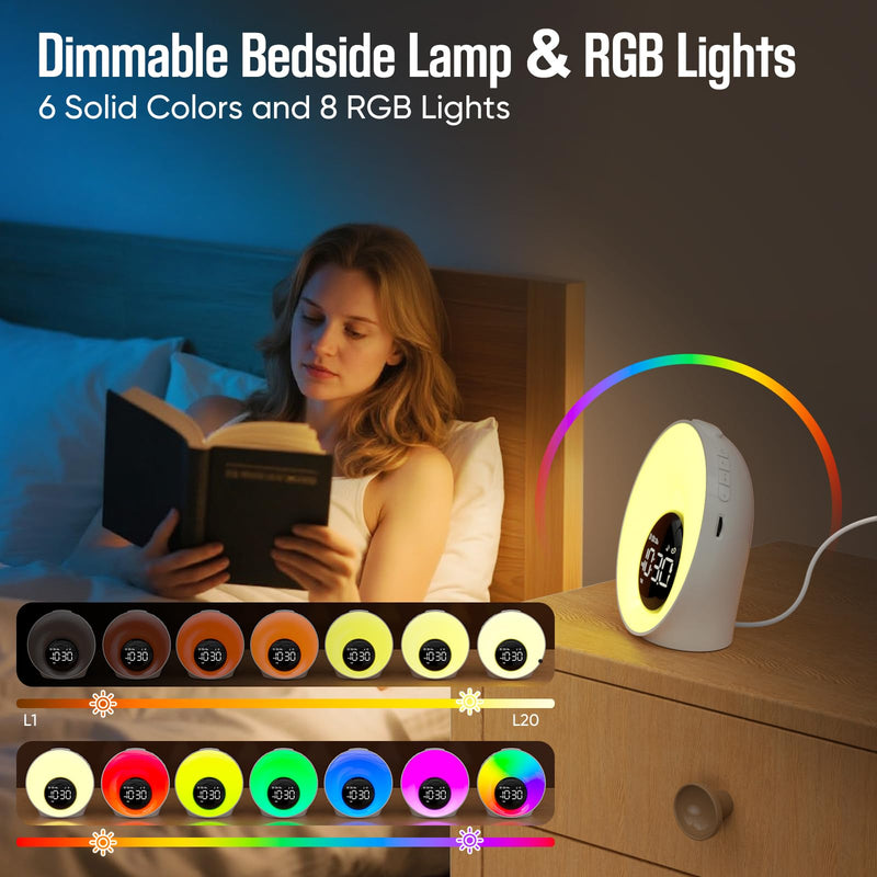 Wake Up Light Sunrise Alarm Clock, White Noise Sleep Sound Machine with 30 Soothing Sounds, Night Lights, Dual Alarms, Snooze, Timer, Bedside Lamp, Christmas Gift for Women, Kids, Heavy Sleepers Large