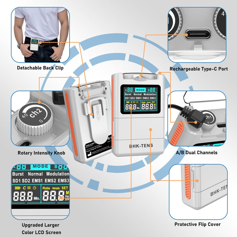 2025 TENS EMS Unit Muscle Stimulator for Back Pain Relief, Upgraded Color LCD TENS Machine for Chronic Pain, Muscle Relaxation, Home Use. with 8 Customizable Pulse Modes, 8 TENS Pads, 40 Intensitys 800 Silver