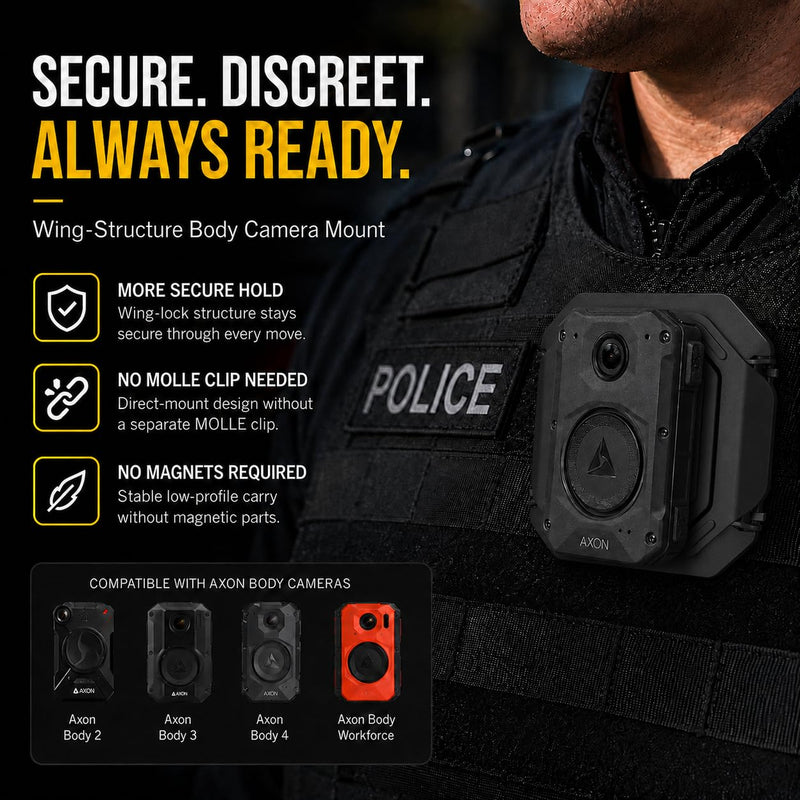 Wing Clip Body Camera Mount for Axon Body 2/3/4/Workforce | Wide wing clip and injection-molded nylon core provide secure, low-profile attachment to compatible duty uniforms.
