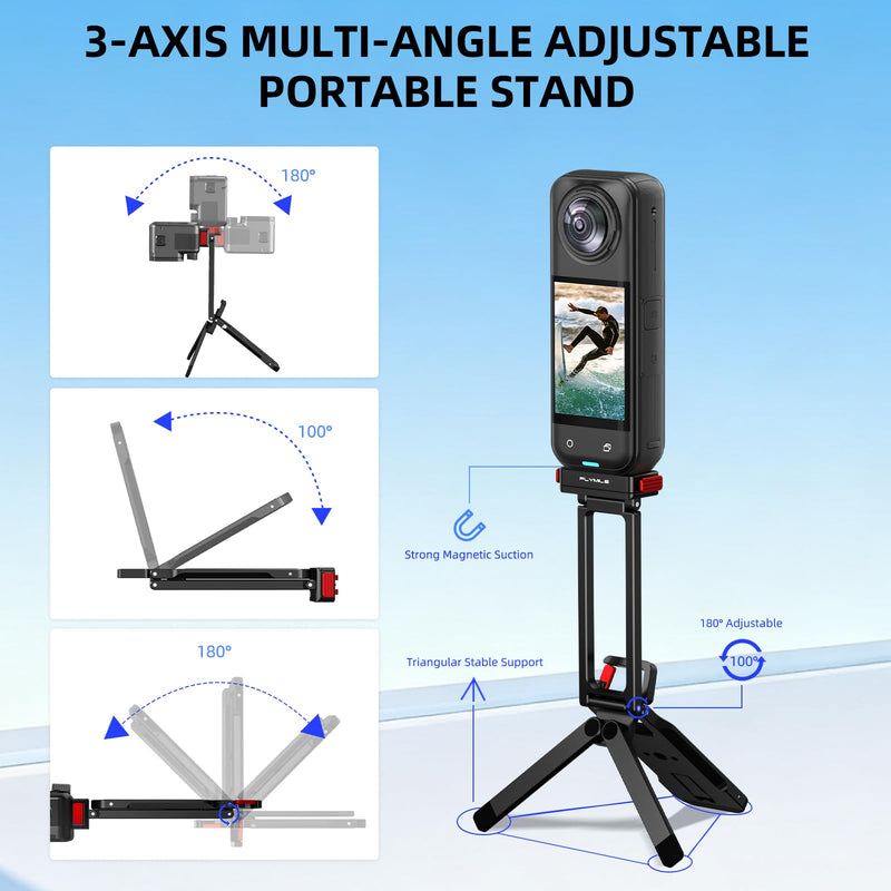 BRDRC X5 Magnetic Quick Release Tripod Stand, Aluminum Alloy Mini Table Mount for Insta360 X6/Ace Pro 2, 180° Adjustable Desktop Holder with 1/4" Screw Adapter, Arca-Swiss & Foldable Hook Accessories