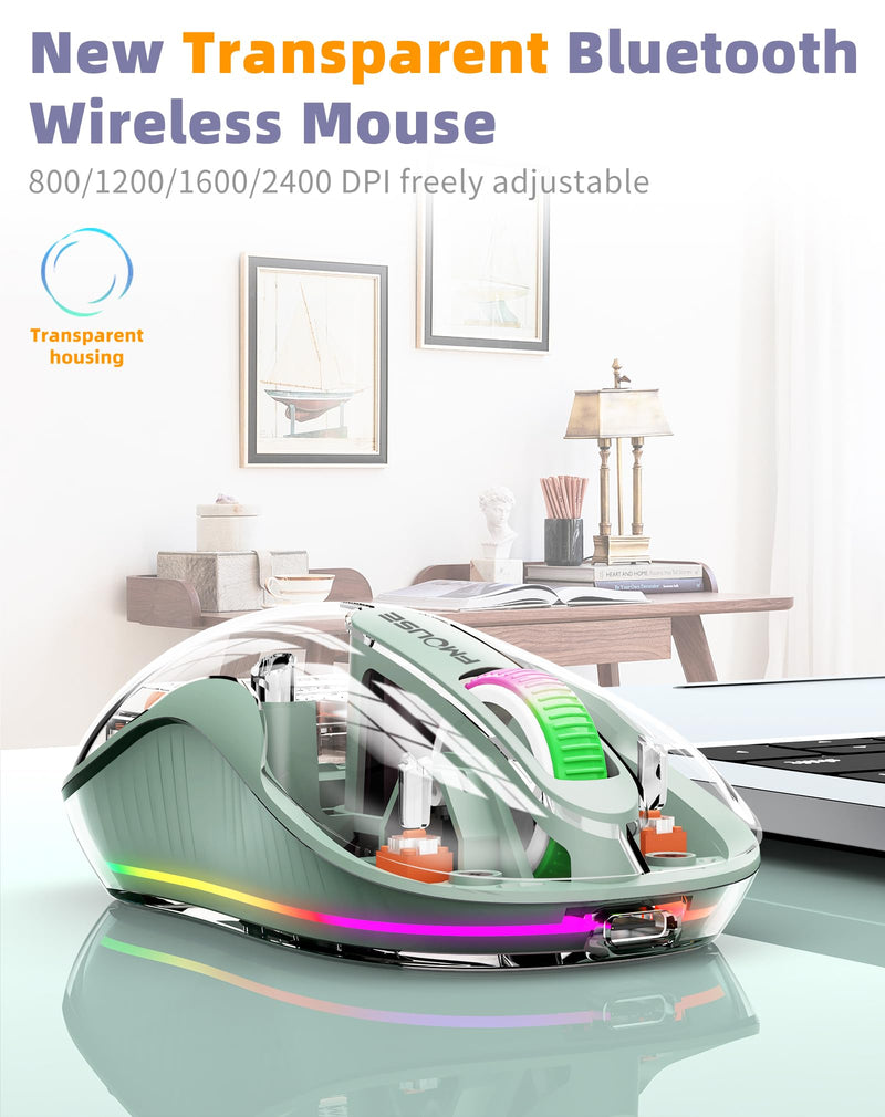 Interesting Transparent Bluetooth Mouse with USB & Type-C Two Receiver, Small Portable Silent Wireless Mice with RGB Lights for MacBook/pc/iPad/Laptop and Office Trip Green