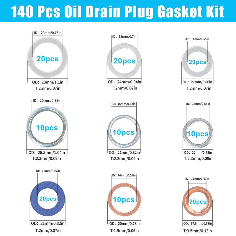 140PCS Premium Oil Drain Plug Gasket Assortment, Durable Oil Crush Washer Seals Kit, Compatible with Toyota, Honda, Subaru, VW, Audi, Mercedes Benz - Leak-Proof Protection