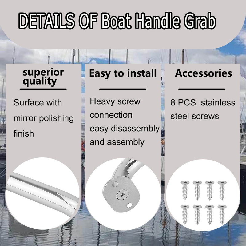 Marine Grab Handle 316 Stainless Steel Boat Handles Grab Polished Handrail,9 Inch Round Marine Handle Hand Rail, Deck Hardware Handrails for Boat Marine Yacht/RV, Pack of 2