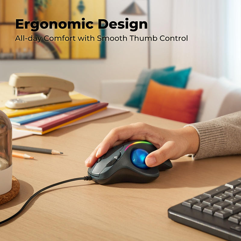 Trackball Mouse Wired, Ergonomic Comfort Design Reduces Muscle Strain, USB Plug&Play, Easy Thumb Control, Precision Tracking with 5 Adjustable DPI, RGB Rollerball Mouse Compatible for PC, Mac, Windows A-Blue
