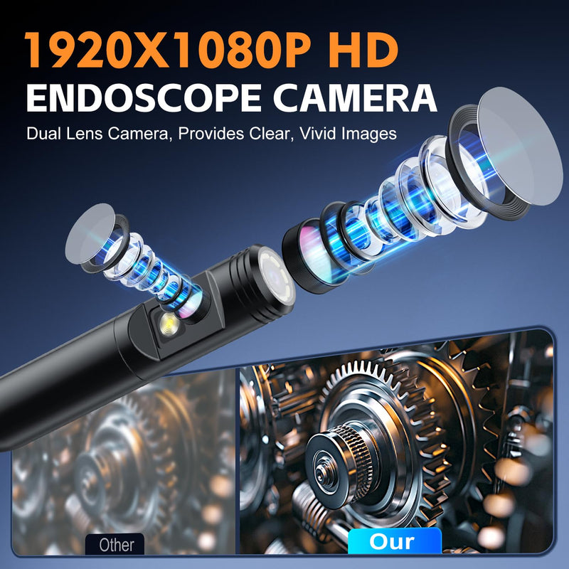 Dual Lens Endoscope Camera with Light, 1920P HD Borescope Camera with 4.3" LCD, 8 Adjustable LEDs, 16.4FT Semi-Rigid Cable & 32GB Card-IP67 Waterproof Inspection Borescope for Sewer/Drain/Pipe(Black) Black