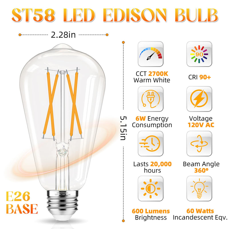 Edison Bulbs 60 watt LED Equivalent, Vintage Light Bulbs Non-Dimmable, 2700K Warm White, ST58 E26 LED Bulb, 90+ CRI, 6W 600LM, E26 Medium Base, Clear Glass, 12 Pack