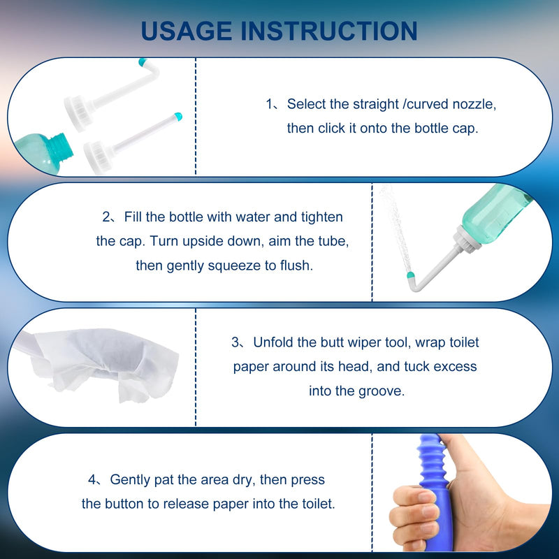 Foldable Toilet Aids Set for Wiping – 2PCS Personal Hygiene Kit with Collapsible Butt Wiper Tool & Dual-Nozzle Peri Bottle , Wiping Aid for Post-Surgery Recovery, Elderly and Travel Use (Blue, Ultra) Blue