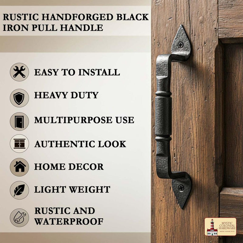 2 Pack Mystic Colonial Medieval Rustic Cast Iron Barn Door Handles - (6 inch) Colonial Pull Handles for Gates, Sheds, Cabinets & Garden Doors with Black Finish 6 Inch Pair Barrel Pull Handle