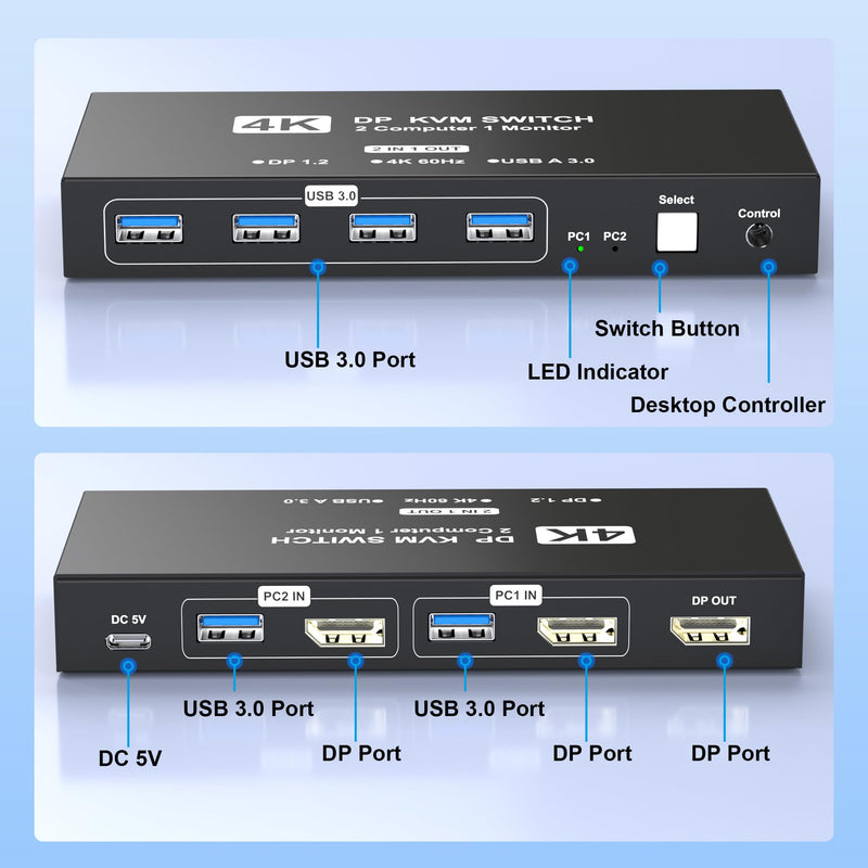 DisplayPort KVM Switch 1 Monitors 2 Computers, 4K@60Hz USB KVM Switches with 4 USB 3.0 Ports Sharing Keyboard Mouse Printer, Monitors Switch for 2 Computers, Display Port Switcher 2 in 1 Out
