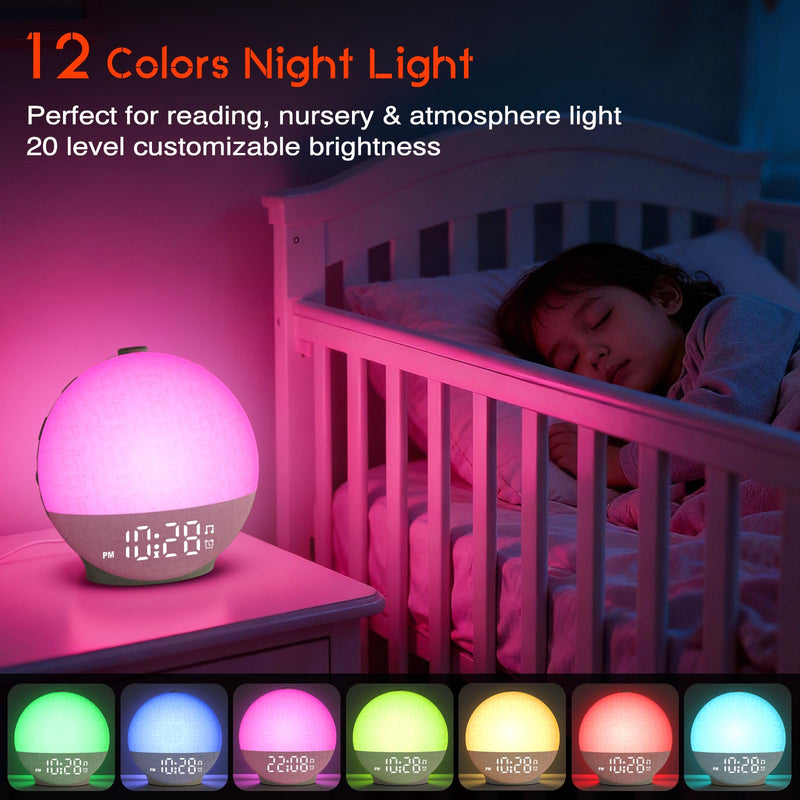 Sunrise Alarm Clock White Noise Machine, Sunset Simulation, 30 Soothing Sounds, 12 Color Night Light, Dimmable Sunlight Lamp Wake Up Light, Digital Clock for Kids Teens Heavy Sleepers Adults Bedrooms Putty