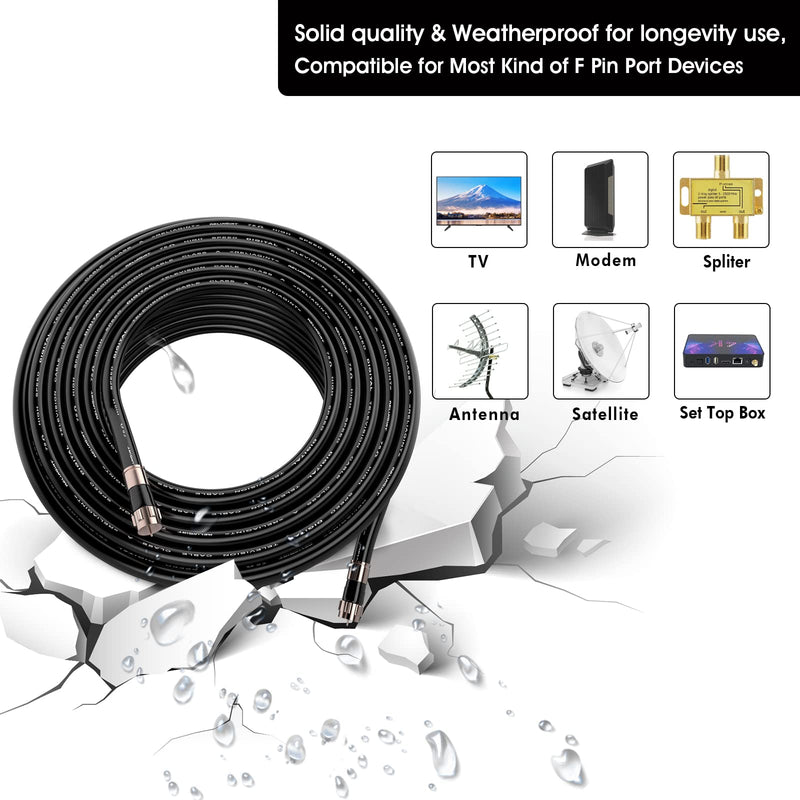 50ft RG6 Coaxial Cable Black, 75 Ohm Coax Cable with F Connector & F81 Double Female Coupler, Low Loss High-Speed TV Antenna Extension Cord for HD TV, Satellite & Dish 50 FT