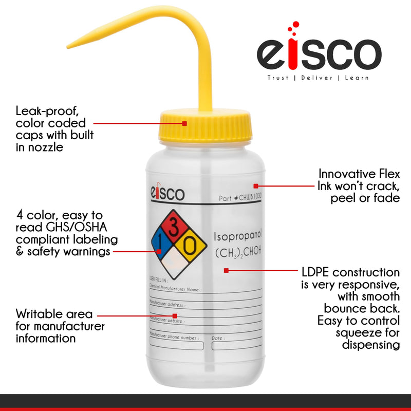 EISCO 6PK Wash Bottle for Isopropanol, 500ml - Labeled with Color Coded Chemical & Safety Information (4 Colors) - Wide Mouth, Self Venting, Low Density Polyethylene Labs 6