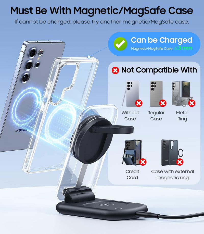 Meifigno 3 in 1 Foldable Wireless Charging Station for Samsung, Magnetic Charger Stand with On/Off Night Light for Galaxy S26/S25/Z Fold/Flip 8/7, Watch Charger for Galaxy Watch Ultra/8/7/6, for Buds