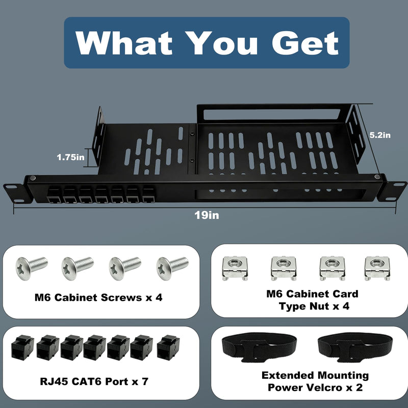 19in 1U Metal Rack Mount for Ubiquiti UCG-Fiber & UXG-Fiber Gateway- Hinged Rack Tray with 7 rj45 Keystone Jack cat6, Power Bay