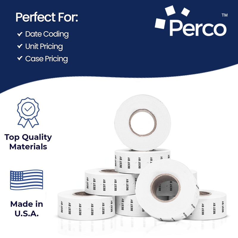 Perco Best BY 1 Line Labels - 8 Rolls, 1 Sleeve, 8,000 Blank Date Gun Labels for Perco 1 Line Date Guns - Made in USA